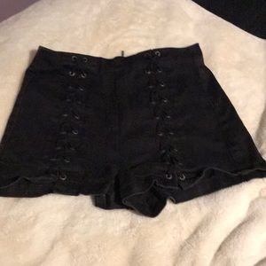 Black lace up front high waisted shorts